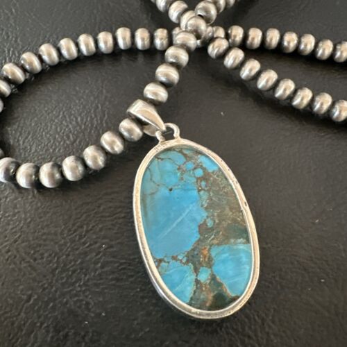 Navajo Blue Spiderweb Turquoise Pendant Necklace | Sterling Silver | Authentic Native American Handmade | 17021