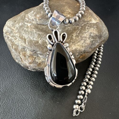 Men's Navajo Pearls Black Onyx Necklace Pendant | Sterling Silver | Authentic Native American Handmade | 16530