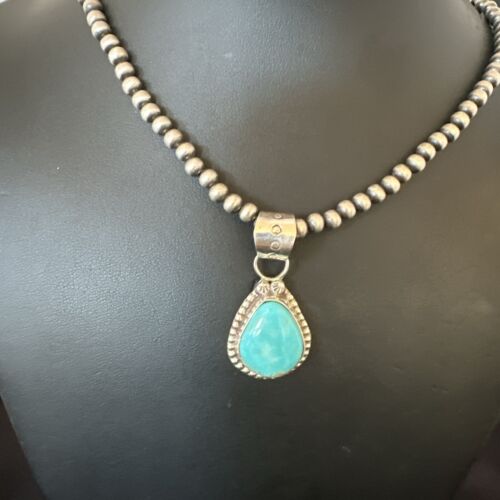 Navajo Pearls Kingman Turquoise Pendant Necklace | Sterling Silver | Native American Handmade | 17135