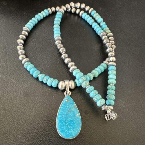 Navajo Pearls Kingman Turquoise Necklace | Sterling Silver Pendant | Authentic Native American Handmade | 17125