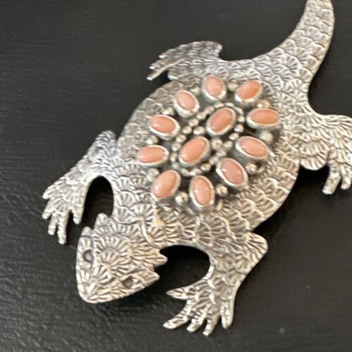 Handmade Stamped Navajo Pink Coral Horny Toad Pin | Authentic Native American Jewelry | 15669