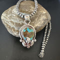 Navajo Blue Turquoise Pendant Necklace | Sterling Silver Pearls | Authentic Native American Handmade | 15655
