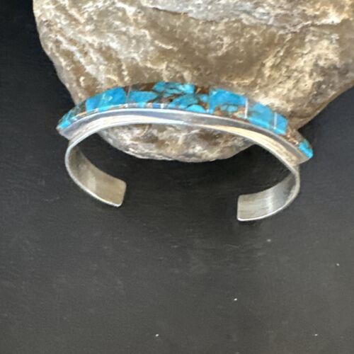 Navajo Men's Blue Mojave Turquoise Inlay Bracelet | Sterling Silver | Authentic Native American Handmade | 15065 - Masha USA