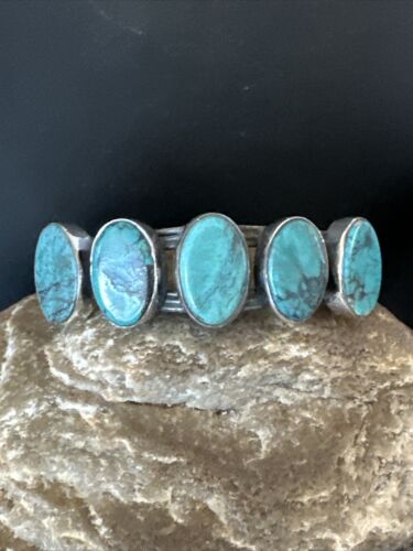 Women's Blue Turquoise 5-Stone Cuff Bracelet | Navajo Sterling Silver | Authentic Native American Jewelry | 16165