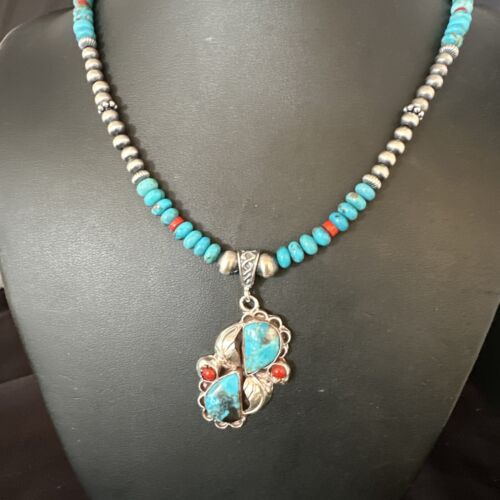 Navajo Blue Turquoise Coral Pendant Necklace | Sterling Silver | Multi-Stone | Authentic Native American Handmade | 15257