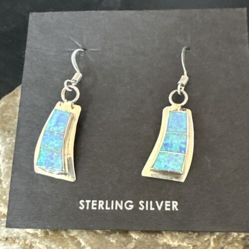 Navajo Blue Faux Opal Inlay Dangle Earrings | Sterling Silver | 1" | Authentic Native American Handmade | 17439