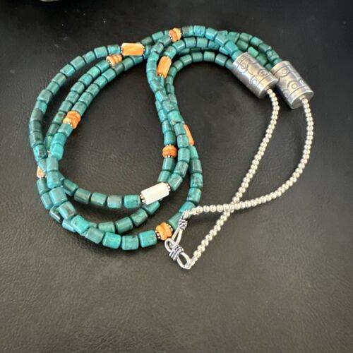 Navajo Blue Turquoise Spiny Oyster Necklace | Sterling Silver | Authentic Native American Handmade | 17535