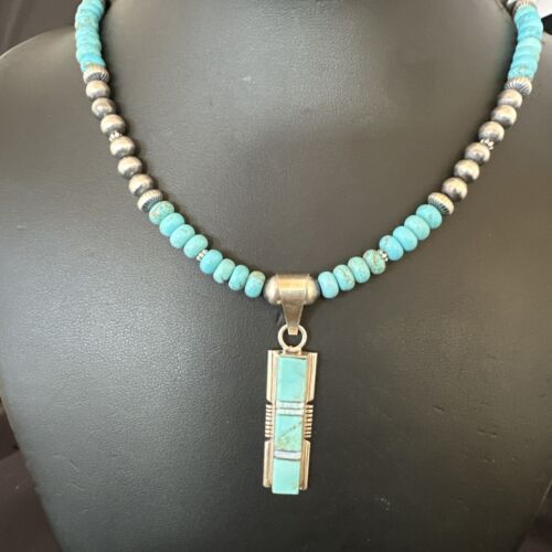 Turquoise #8 Inlay Pendant Necklace | Navajo Sterling Silver | Authentic Native American Handmade | 17073