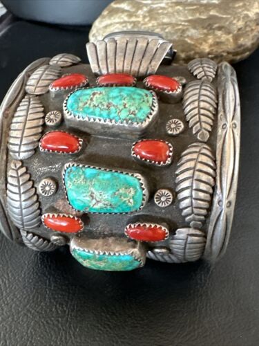 Navajo Men's Women's Royston Turquoise Coral Watch Cuff Bracelet | Sterling Silver | Authentic Native American | XL | 15850