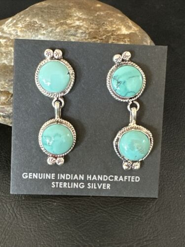 Navajo Blue Green Turquoise Dangle Earrings | Sterling Silver | 1.5" | Authentic Native American Handmade | 17388