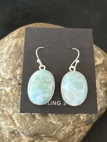 Navajo Blue Larimar Dangle Earrings | Sterling Silver | Authentic Native American Handmade | 17297