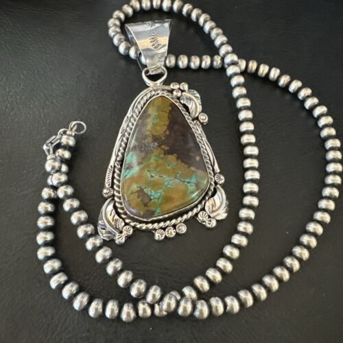 Men's Navajo Green Turquoise Pendant Necklace | Sterling Silver | Authentic Native American Handmade | 17531