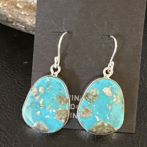 Navajo Blue Turquoise Dangle Earrings | Sterling Silver | Authentic Native American Handmade | 15433