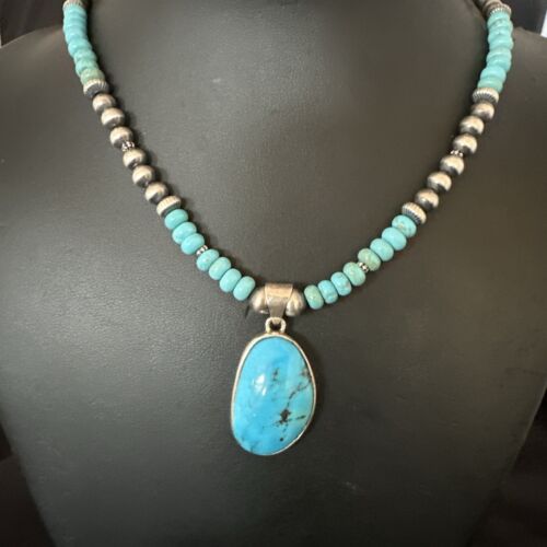 Navajo Blue Kingman Turquoise Pendant Necklace | Sterling Silver | 21" | Authentic Native American Handmade | 17087