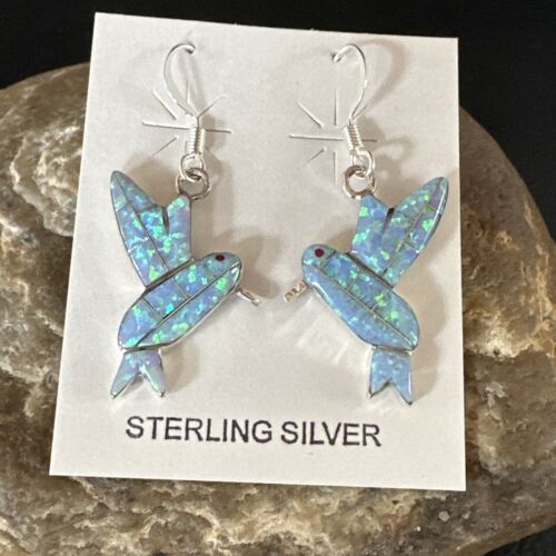 Navajo Blue Opal Hummingbird Earrings | Sterling Silver | 1" | Authentic Native American Handmade | 15088