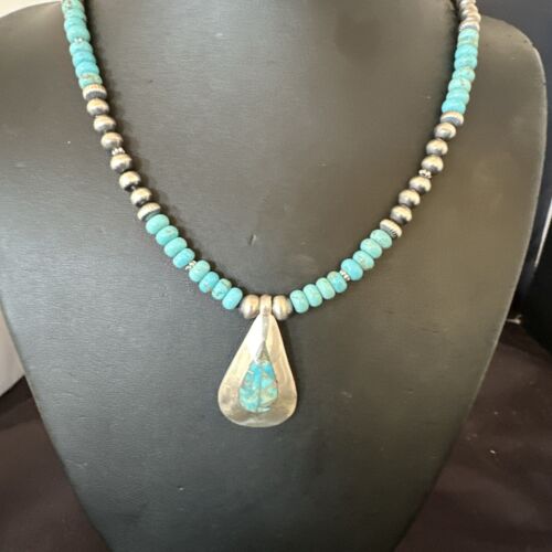 Navajo Blue Spiderweb Turquoise Inlay Pendant Necklace | Sterling Silver | Authentic Native American Handmade | 17120