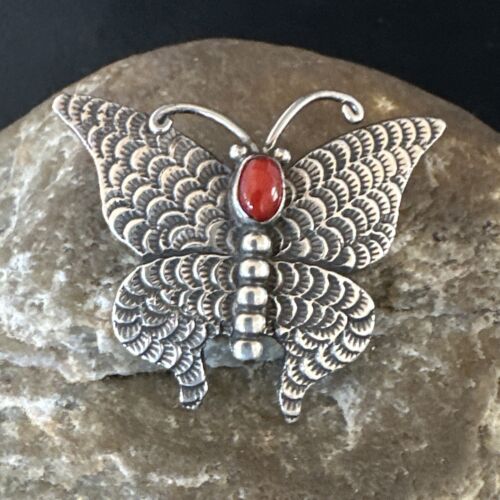 Navajo Butterfly Red Coral Pin Pendant | Sterling Silver | 1.25" | Authentic Native American Handmade | 15526