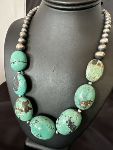 Navajo Blue Turquoise Chunky Pearls Necklace | Sterling Silver | 20" | Authentic Native American Handmade | 17496