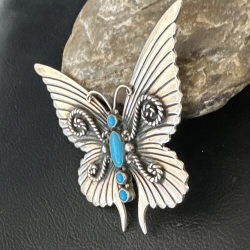 Navajo Butterfly Blue Turquoise Pin Pendant | Sterling Silver | Authentic Native American Handmade | 15232