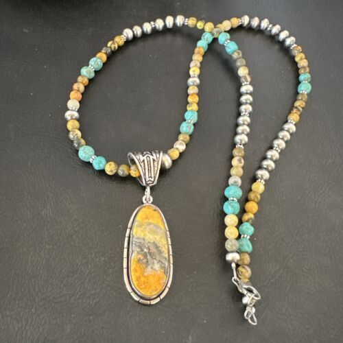 Navajo BumbleBee Jasper Pendant Necklace | Sterling Silver Pearls | Authentic Native American Handmade | 16879