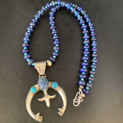 Navajo Sterling Silver Blue Denim Lapis Turquoise Pendant Necklace | Naja | Authentic Native American Handmade | 13705