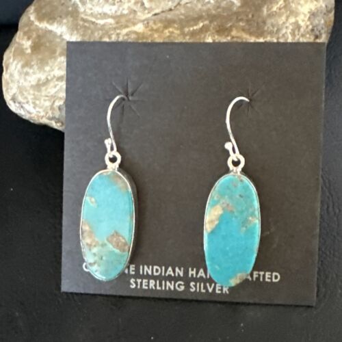 Navajo Blue Turquoise Dangle Earrings | Sterling Silver | Authentic Native American Handmade | 15432