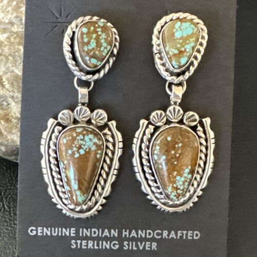 Navajo Blue Turquoise #8 Dangle Earrings | Sterling Silver | Authentic Native American Handmade | 17494