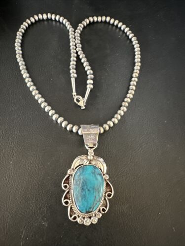 Navajo Pearls Blue Turquoise Necklace Pendant | Sterling Silver | Authentic Native American Handmade | 14882