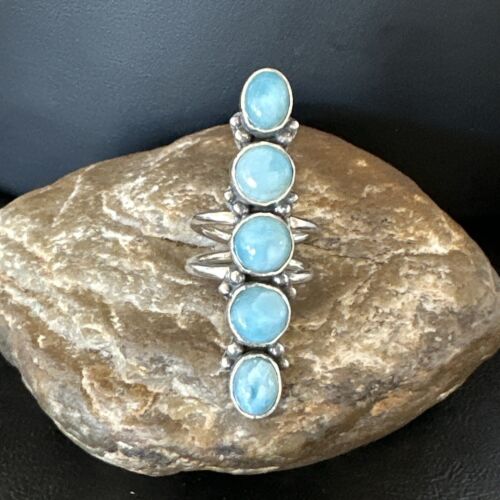 Navajo Blue Larimar Multi-Stone Cluster Ring | Authentic Native American Sterling Silver | Multi-Stone | Sz 7.5 | 17556