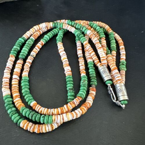 Navajo Green Turquoise Spiny Oyster Necklace | Sterling Silver | Authentic Native American Handmade | 17534
