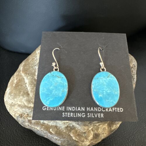 Navajo Blue Kingman Turquoise Dangle Earrings | Sterling Silver | Authentic Native American Handmade | 15436