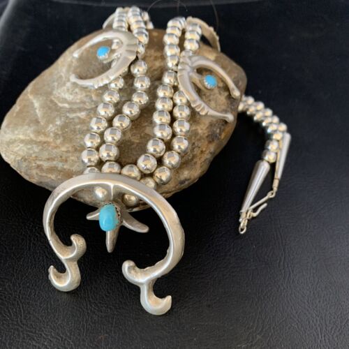 Navajo Blue Kingman Turquoise Squash Naja Necklace | Sterling Silver | 22" | Authentic Native American Handmade | 13679
