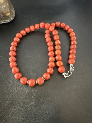 Navajo Apple Sponge Coral Bead Necklace | 10mm | Sterling Silver | 21" | Authentic Native American Handmade | 16817