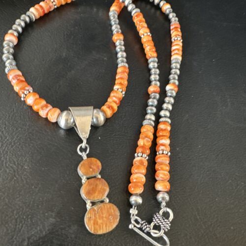 Navajo Orange Spiny Oyster Pendant Necklace | Sterling Silver | Multi-Stone | Authentic Native American Handmade | 15254