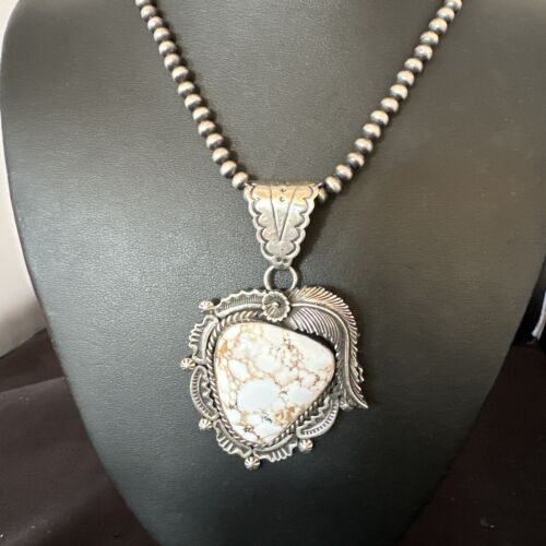 Men's White Buffalo Turquoise Pendant | Navajo Pearl Sterling Silver Necklace | Native American | 15817