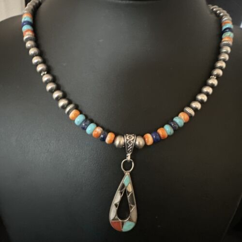 Navajo Spiny Oyster Turquoise Lapis Inlay Pendant Necklace | Sterling Silver | 21" | 16769
