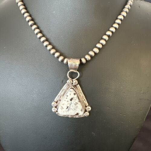 White Buffalo Turquoise Pendant | Navajo Pearls | Sterling Silver Necklace 21" | 17110
