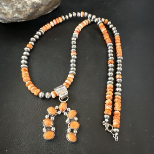 Navajo Orange Spiny Oyster Inlay Naja Pendant | Sterling Silver | Authentic Native American Handmade | 17428
