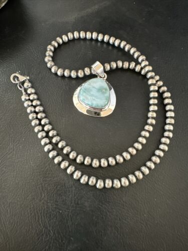 Navajo Blue Larimar Pendant Necklace | Sterling Silver Beads | Authentic Native American Handmade | 17605