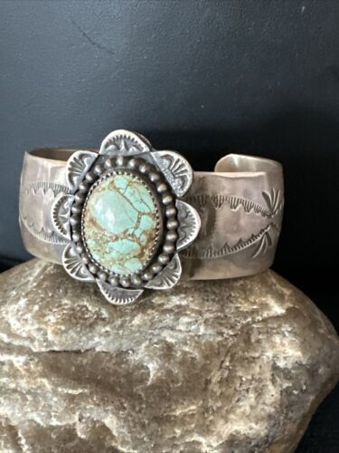 XL Men's Blue #8 Turquoise Cuff Bracelet | Navajo Sterling Silver | Authentic Native American Handmade | 15855
