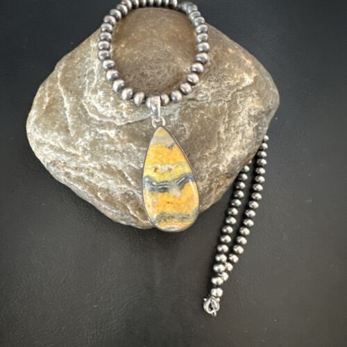 Navajo BumbleBee Jasper Pendant Necklace | Sterling Silver Pearls | Authentic Native American Handmade | 16843