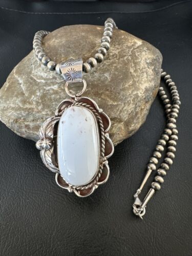 Navajo White Buffalo Turquoise Pendant Necklace | Sterling Silver | Authentic Native American Handmade | 15615
