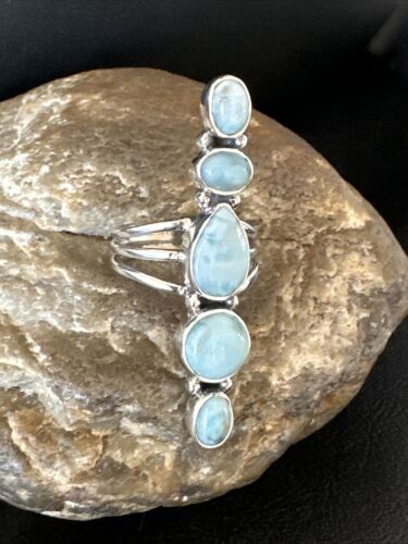 Navajo Women's Cluster Blue Larimar Ring | Authentic Native American Sterling Silver | Multi-Stone | Sz 8 | 16158