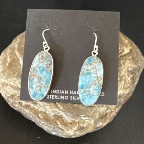 Navajo Blue Turquoise Dangle Earrings | Sterling Silver | Authentic Native American Handmade | 15429