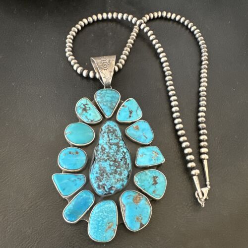 Navajo Blue Kingman Turquoise Cluster Pendant Necklace | Sterling Silver | Authentic Native American Handmade | 16795