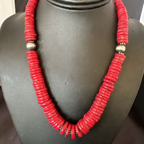 Authentic Native American Red Coral Graduated Navajo Pearls Necklace | Sterling Silver | 18" | 17537