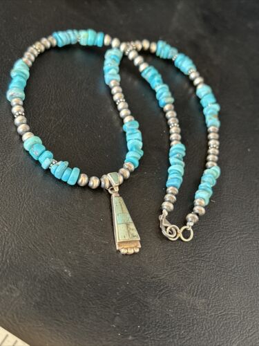 Navajo Kingman Turquoise Pendant Necklace | Sterling Silver | Native American Handmade | 14833