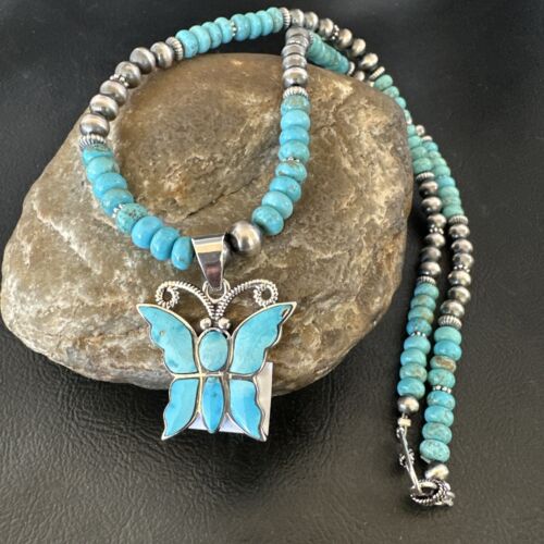 Navajo Butterfly Blue Ridge Turquoise Inlay Pendant Necklace | Sterling Silver | Native American Handmade | 16486