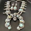 Navajo Blue Golden Hills Turquoise Squash Blossom Necklace & Earrings | Sterling Silver | 17210
