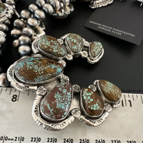 Navajo Blue Turquoise #8 Squash Blossom Necklace with Naja Earrings | Sterling Silver | 17204 - Masha USA